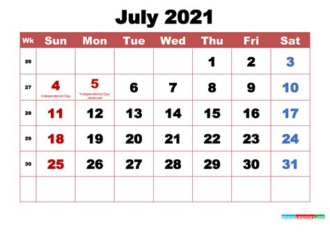 July 2021 Calendar With Holidays Printable